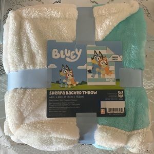 Bluey & Bingo Aqua & White Striped Sherpa Backed Throw Blanket 46” x 60”